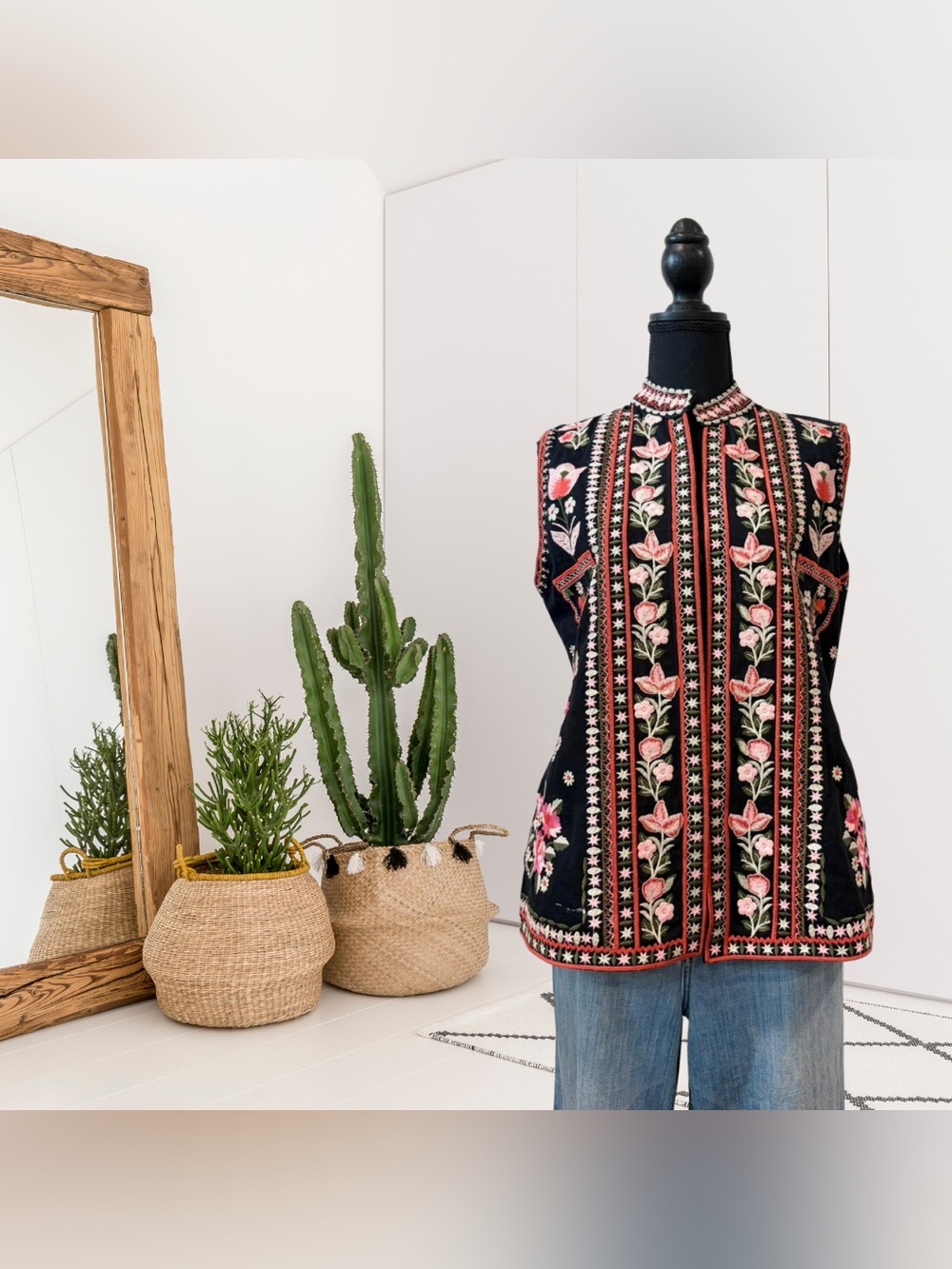 All About Her Sleeveless Floral Embroidered Button Down Vest Jacket